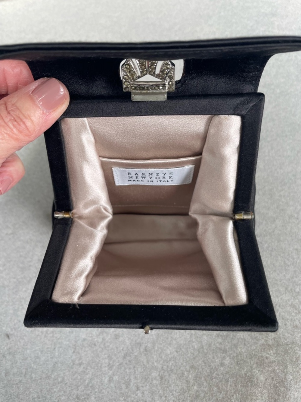 Barney’s New York Black Satin Fold Over Clutch With Marquisette Clasp NWOT - Picture 14 of 14